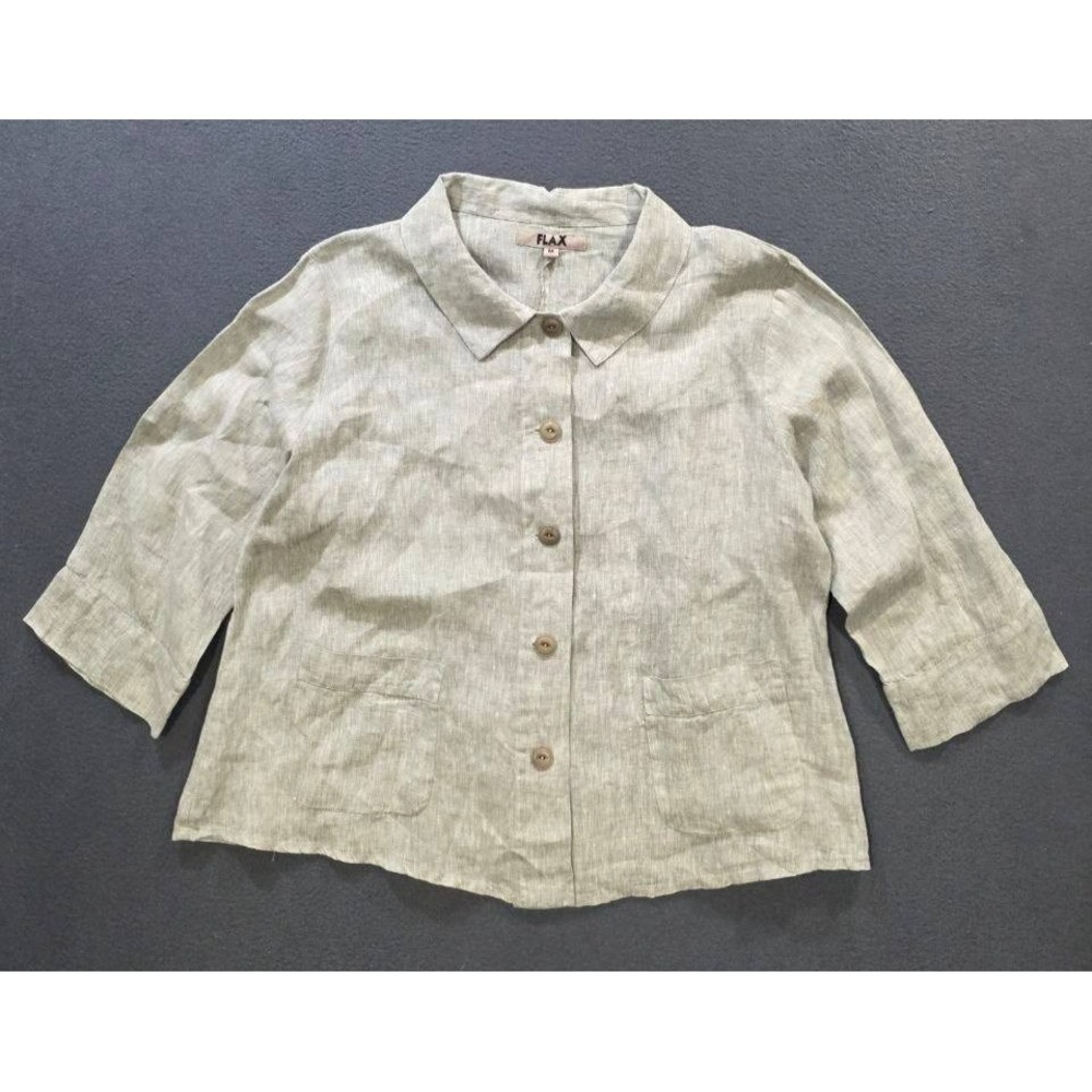 FLAX Linen Shirt Beige Short Sleeve Minimalist Button Up Lithuania M A011445